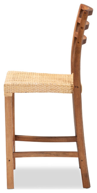 Modern Walnut Brown Finished Wood And Natural Rattan Counter Stool ... pertaining to