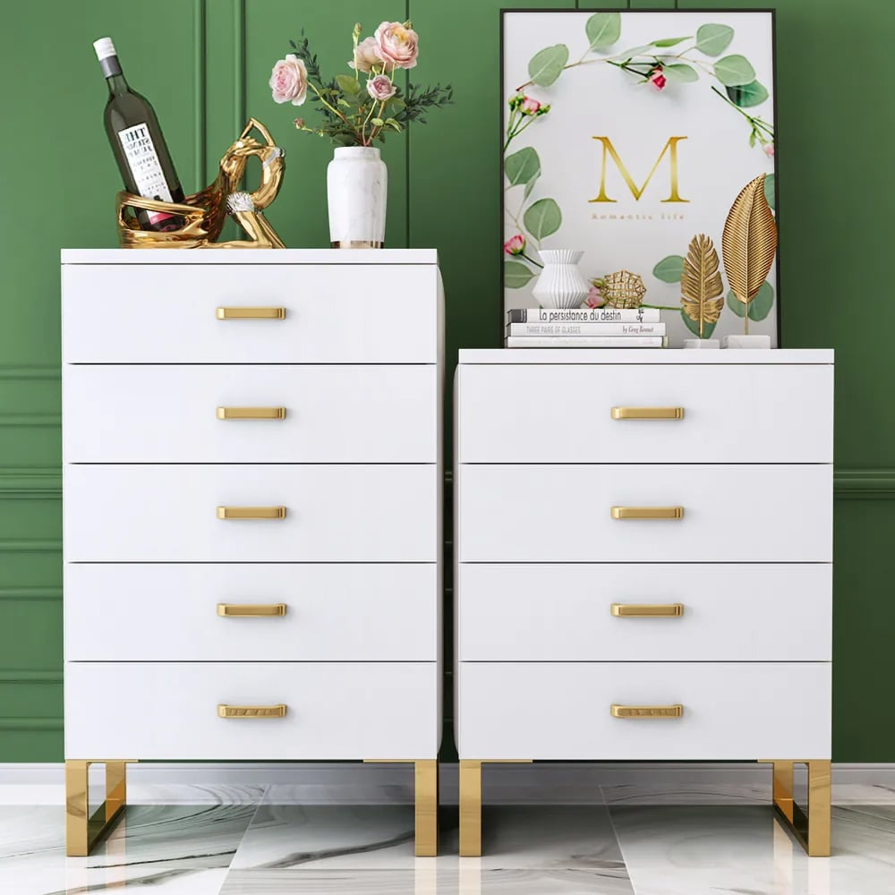 Modern White Wooden Chest With 6-Drawer Gold Legs In Large|Homary intended for