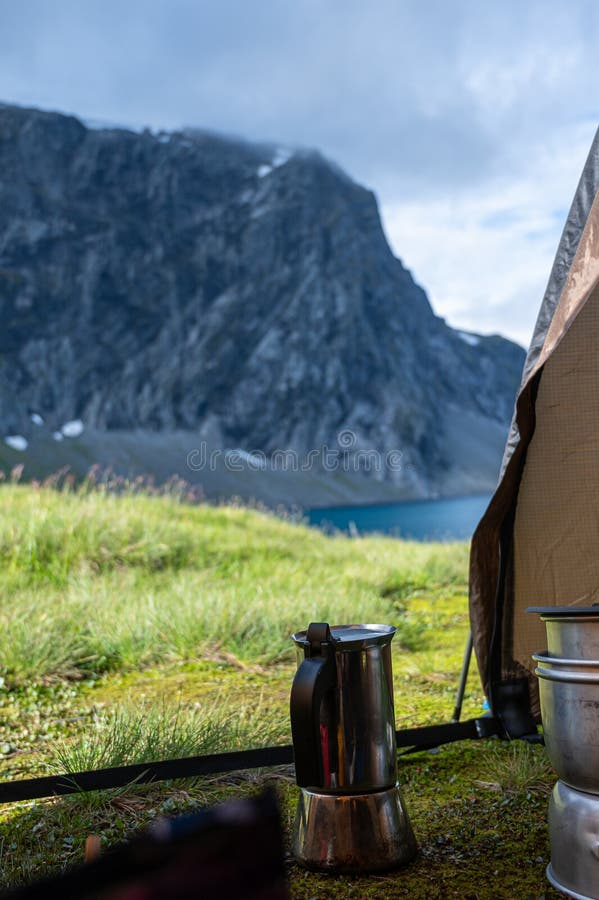Mokka Espresso Pot Inside An Opening Of A Tent. Camped In The Mountains ... inside Beyond the Brew Exploring the Full Potential of the Tent Bed Espresso W/Blue Tent Kit