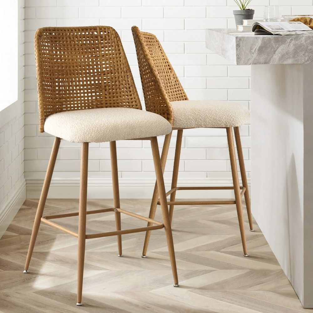 Nice Boucle Counter Stool Set Of 2,Beige Upholstered Rattan Counter ... inside A Closer Look at the Loulou Rattan 2PC Counter Stool Set Dark Brown