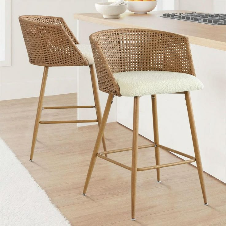 Nice Rattan Armrest Counter Stool Set Of 2, Boucle Upholstered Midbar ... inside A Closer Look at the Loulou Rattan 2PC Counter Stool Set Dark Brown