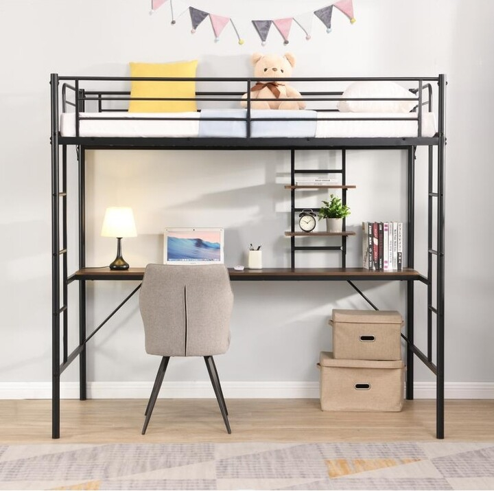 Novaka Metal Twin Loft Bed With Desk, Shelves & Safety Features ... with Why A Gewnee Metal Twin Loft Bed Is The Perfect Space Saver