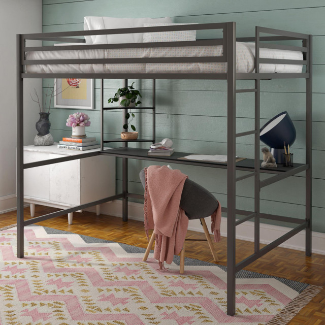 Novogratz Maxwell Metal Loft Bed With Desk & Shelves, Full ... intended for Beyond the Bed The Integrated Desk and Shelves of the Novogratz Maxwell