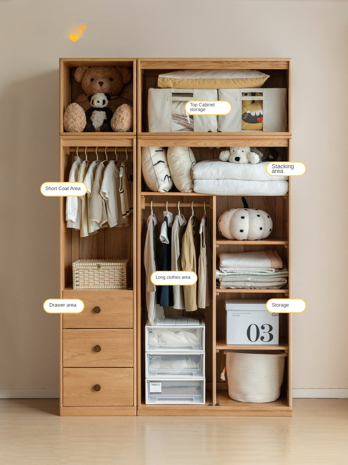 Oak Solid Wood Kids Wardrobe inside