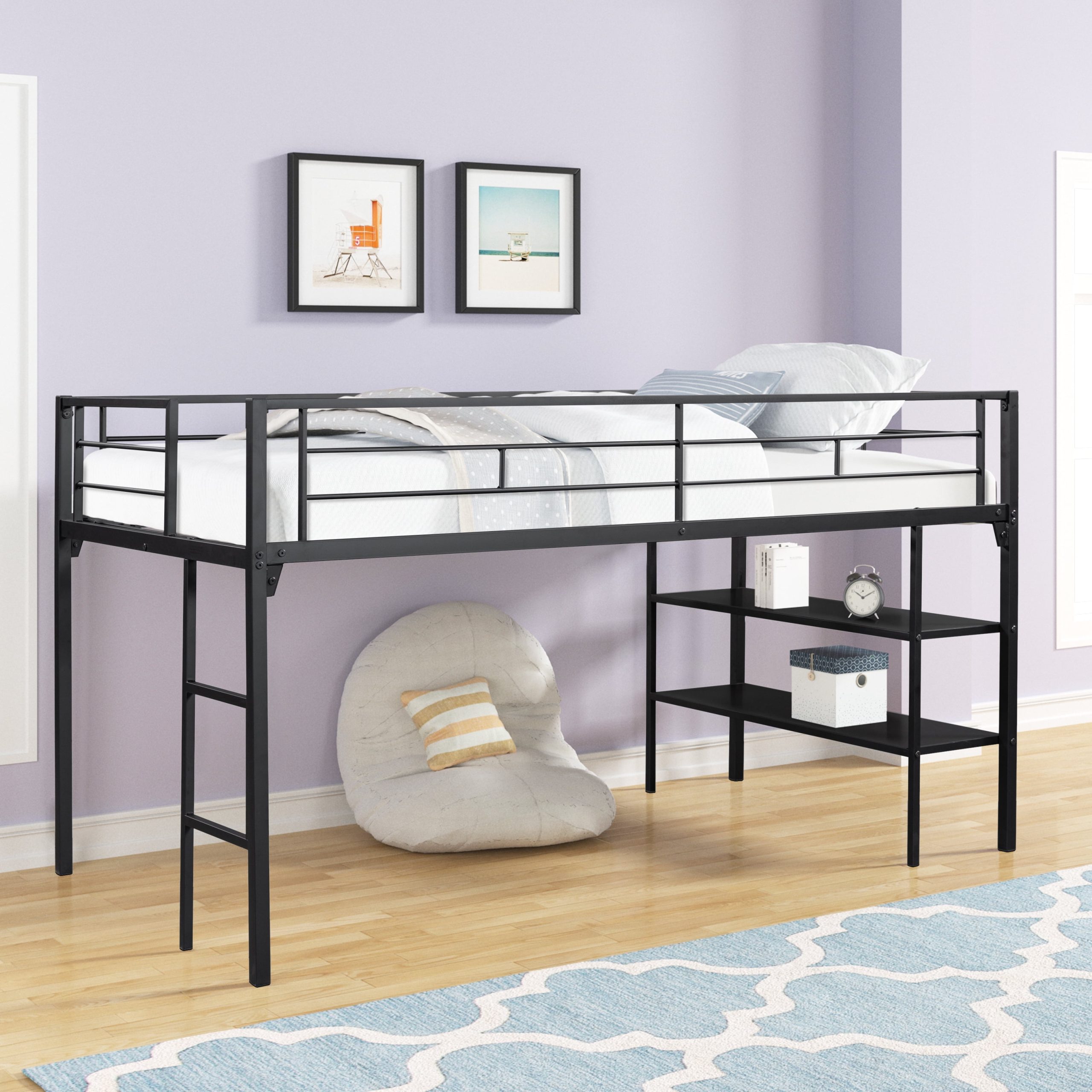Paproos Twin Size Metal Loft Bed, Black Metal Loft Bed With Shelves, No ... with