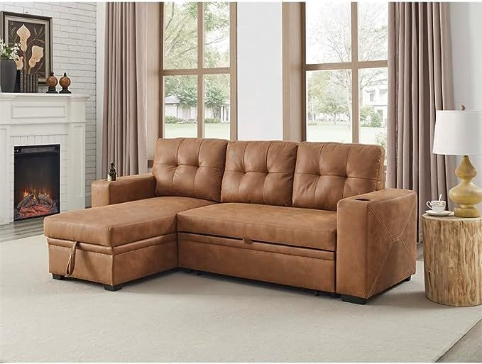 Pemberly Row 85" W Transitional Faux Leather Convertible Sectional With ... pertaining to Why the Pemberly Row Tan Leather Sectional is a Living Room Game-Changer