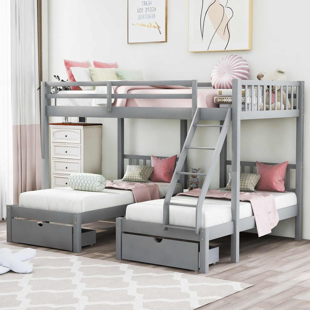 Polibi Gray Full Over Twin And Twin Bunk Bed, Wood Triple Bunk Bed With ... within Creating a Cozy Sleepover Haven with the Orbelle 302 Gray Bunk Bed