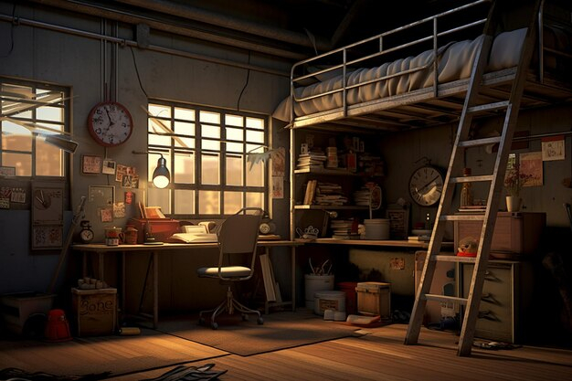 Premium Photo | Bedroom With A Loft Bed And A Workspace Underneath For ... inside