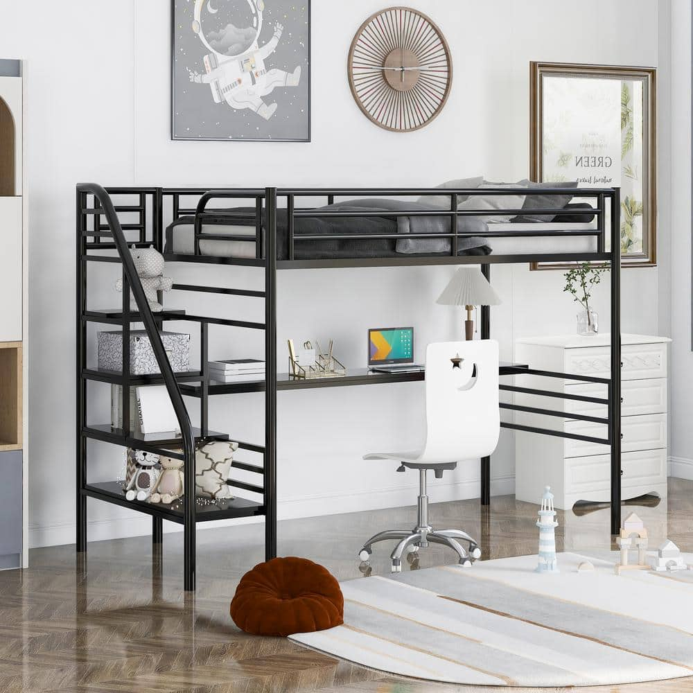 Qualler Black Twin Metal Loft Bed Frame With Desk Bwm000604B - The Home ... for
