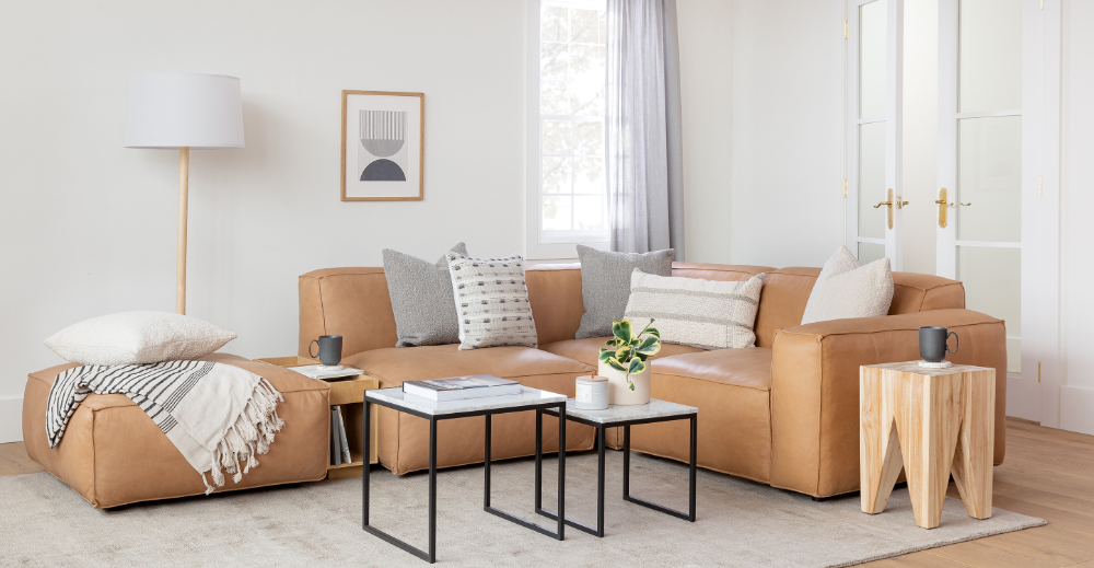 Right-Facing Canyon Tan Leather &Amp; Light Oak Corner Sectional | Solae ... with Maximizing Comfort and Style with Your Tan L-Shaped Sectional