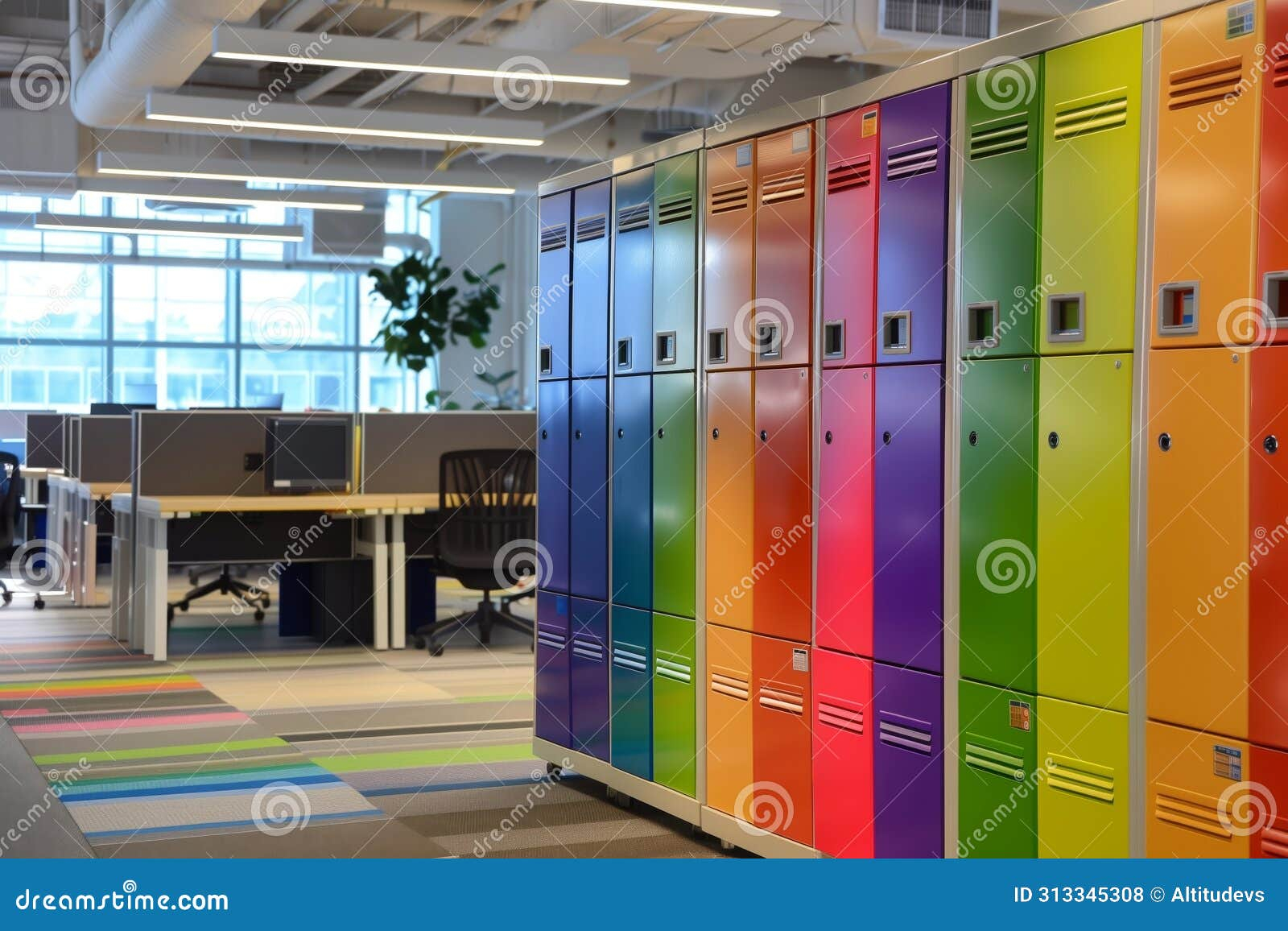 Row Of Rainbowcolored Lockers In A Welllit Open Office Space Stock ... in