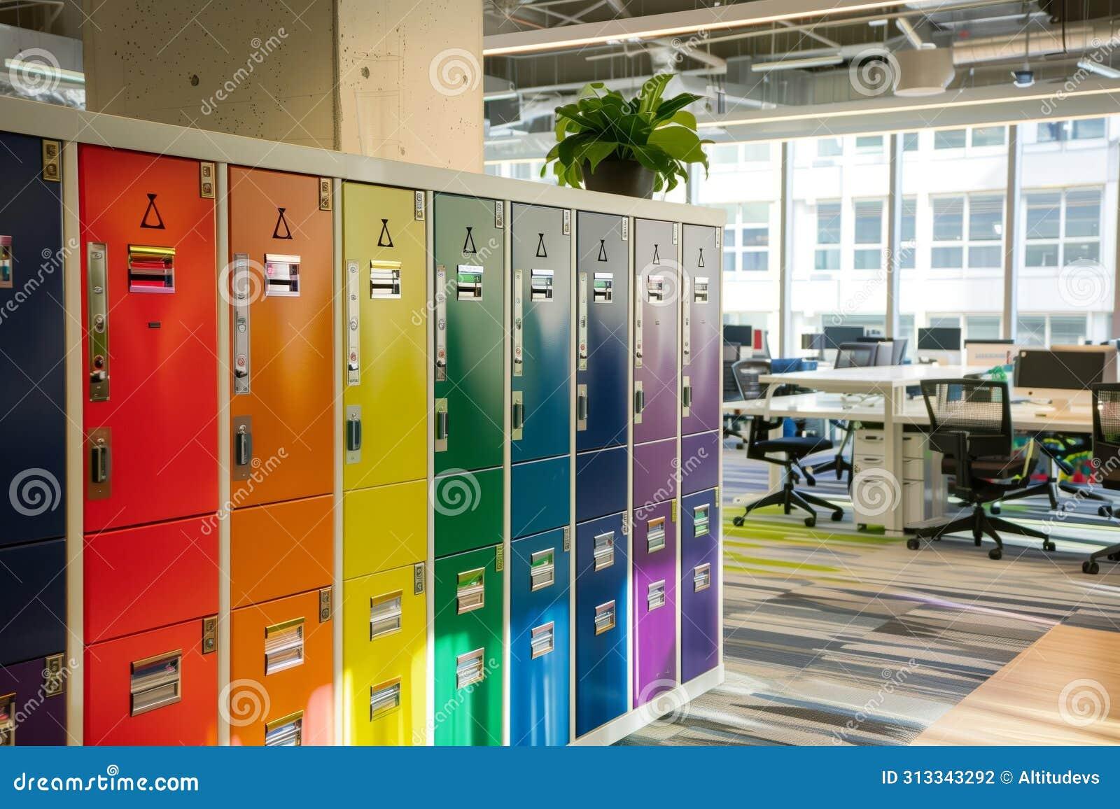 Row Of Rainbowcolored Lockers In A Welllit Open Office Space Stock ... with Designing with Color How Rainbow Accents Lockers Brighten School Halls