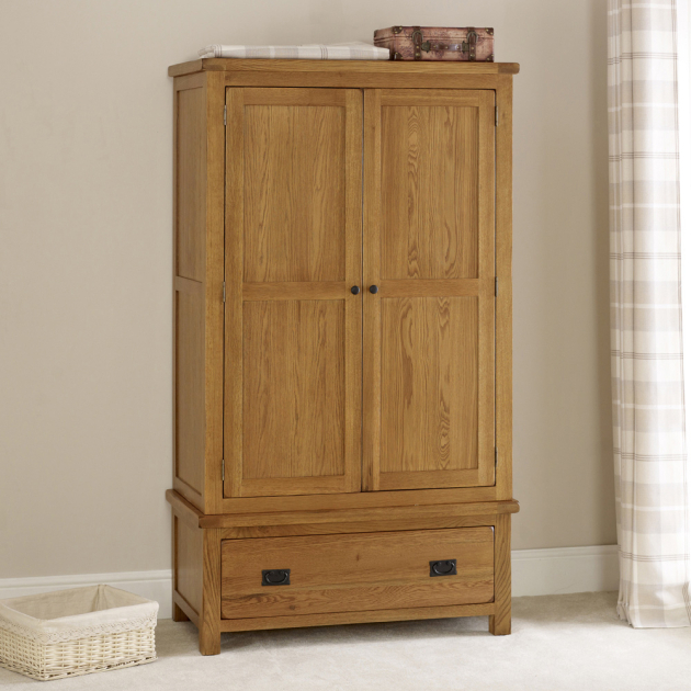 Rustic Oak 2 Door Double Wardrobe With 1 Drawer | The Furniture Market in