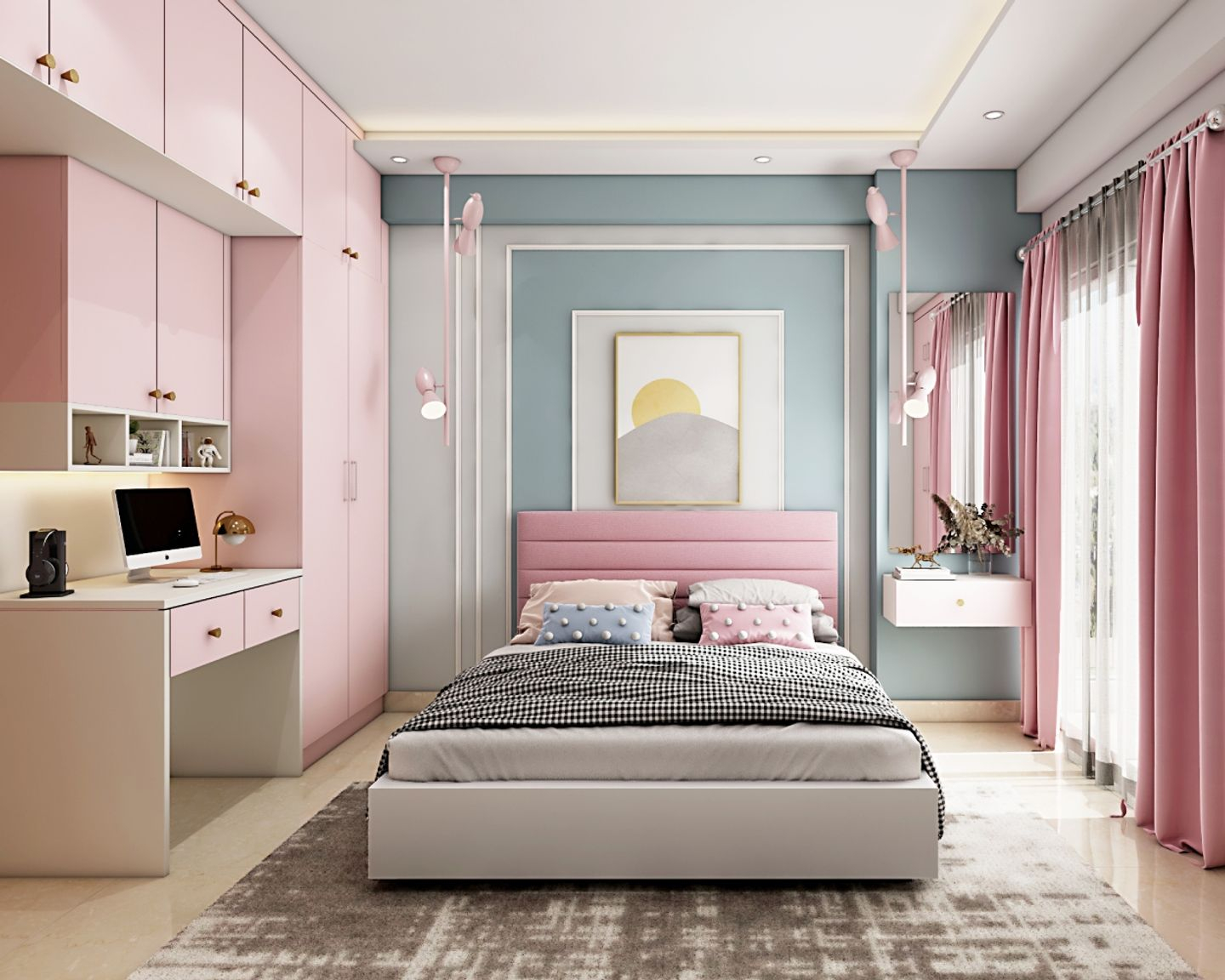 Spacious Kids Bedroom Design With Teal And Grey Accent Wall | Livspace for Creating a Dreamy Bedroom with a White 70.9" Sliding Door Wardrobe