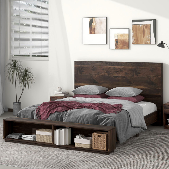 Tateus King Size Wood Platform Bed With Storage Bench In Walnut ... pertaining to