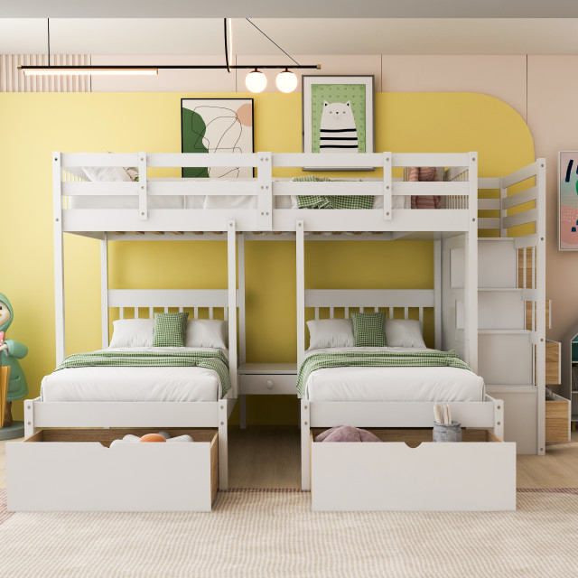 Tateus Twin Bunk Bed, Wood Triple Bunk Bed With Drawers And Guardrails ... for