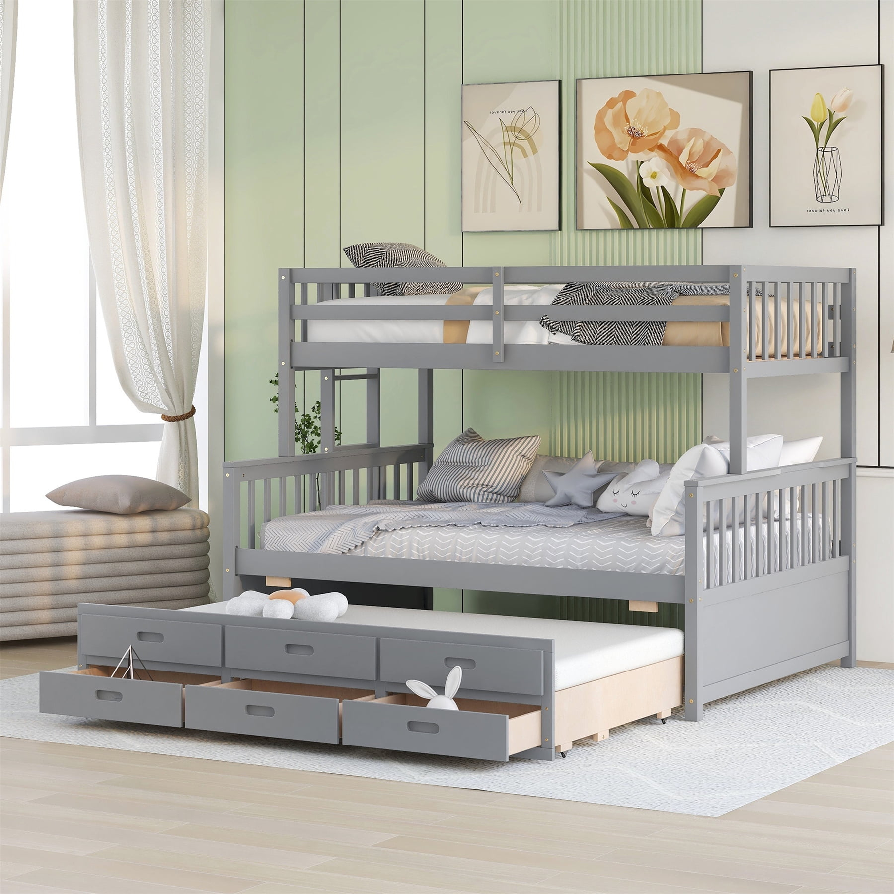 Twin Over Full Bunk Bed With Trundle And 3 Storage Drawers, Solid Wood ... within Understanding the Benefits of a Full over Full Bunk Bed with Trundle