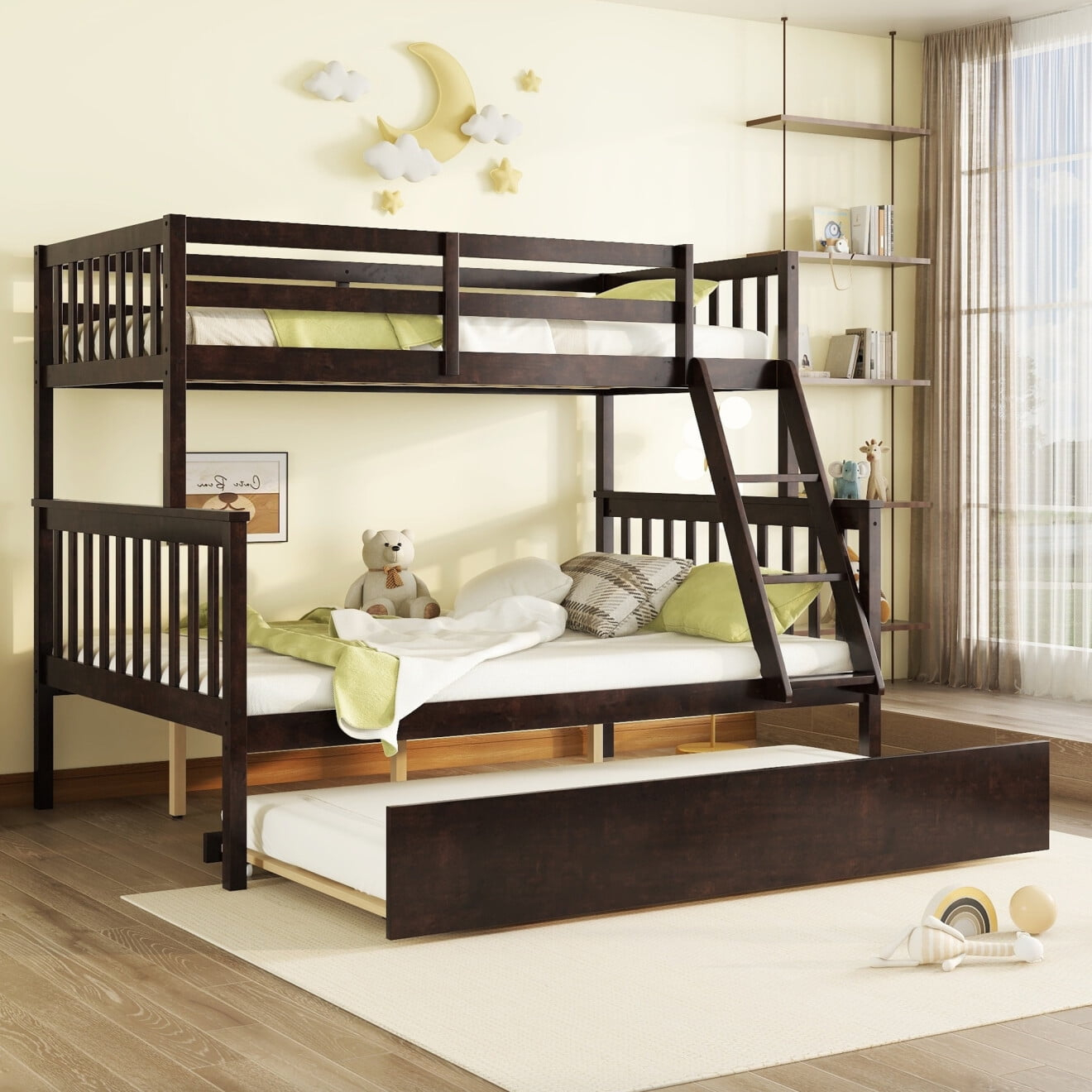 Twin Over Full Bunk Bed With Trundle, Wood Bunk Bed With Pull-Out Twin ... for