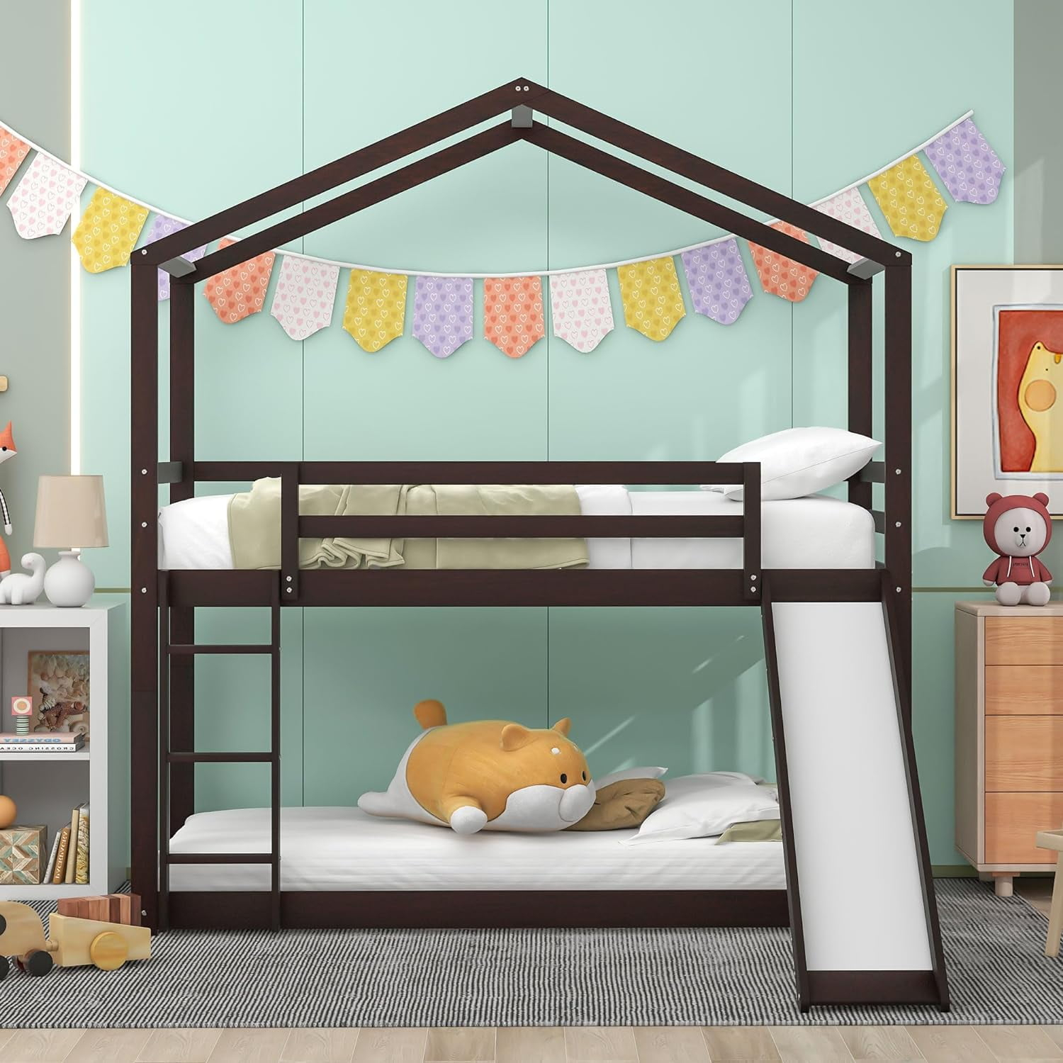Twin Over Twin Bunk Bed With Roof,Slide,Ladder,Convertible Solid Wood ... in