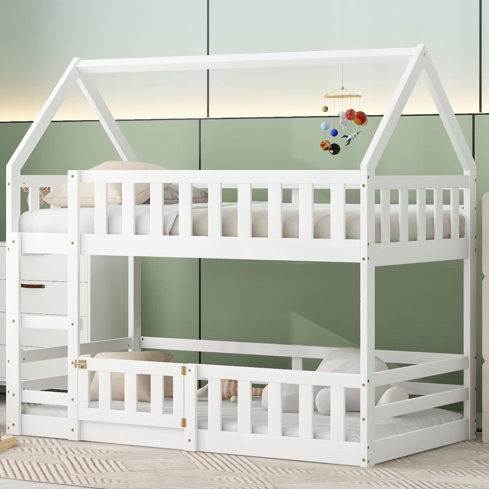 Twin Over Twin Floor Bunk Bed With Roof And Door, Wooden Montessori Bed ... pertaining to