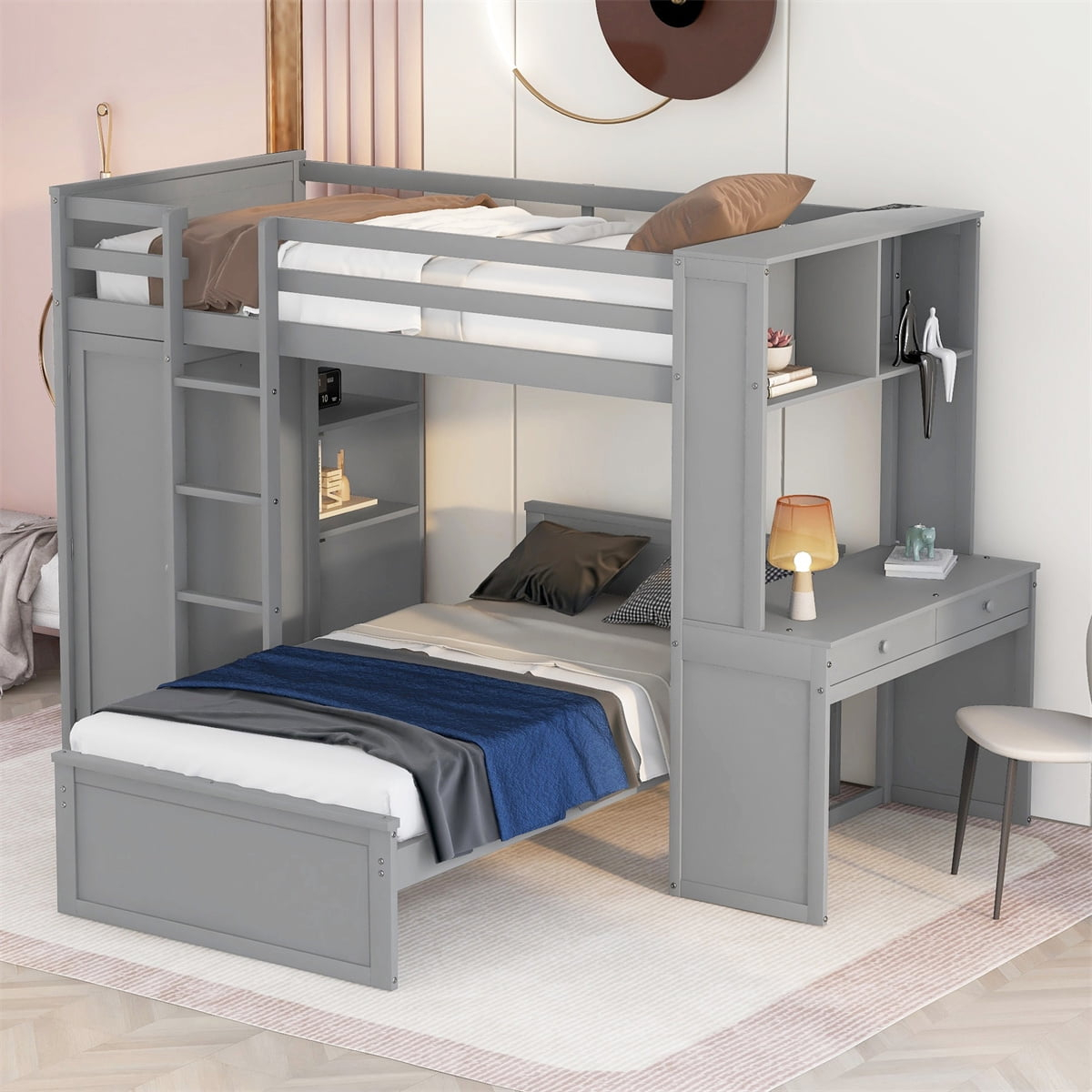 Twin Size Loft Bed With A Stand-Alone Down Bed And Wardrobe,Solid Wood ... with regard to