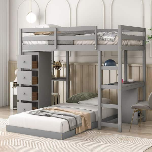 Urtr Gray Twin Over Twin Bunk Bed With Four-Drawer Dresser And Desk ... throughout