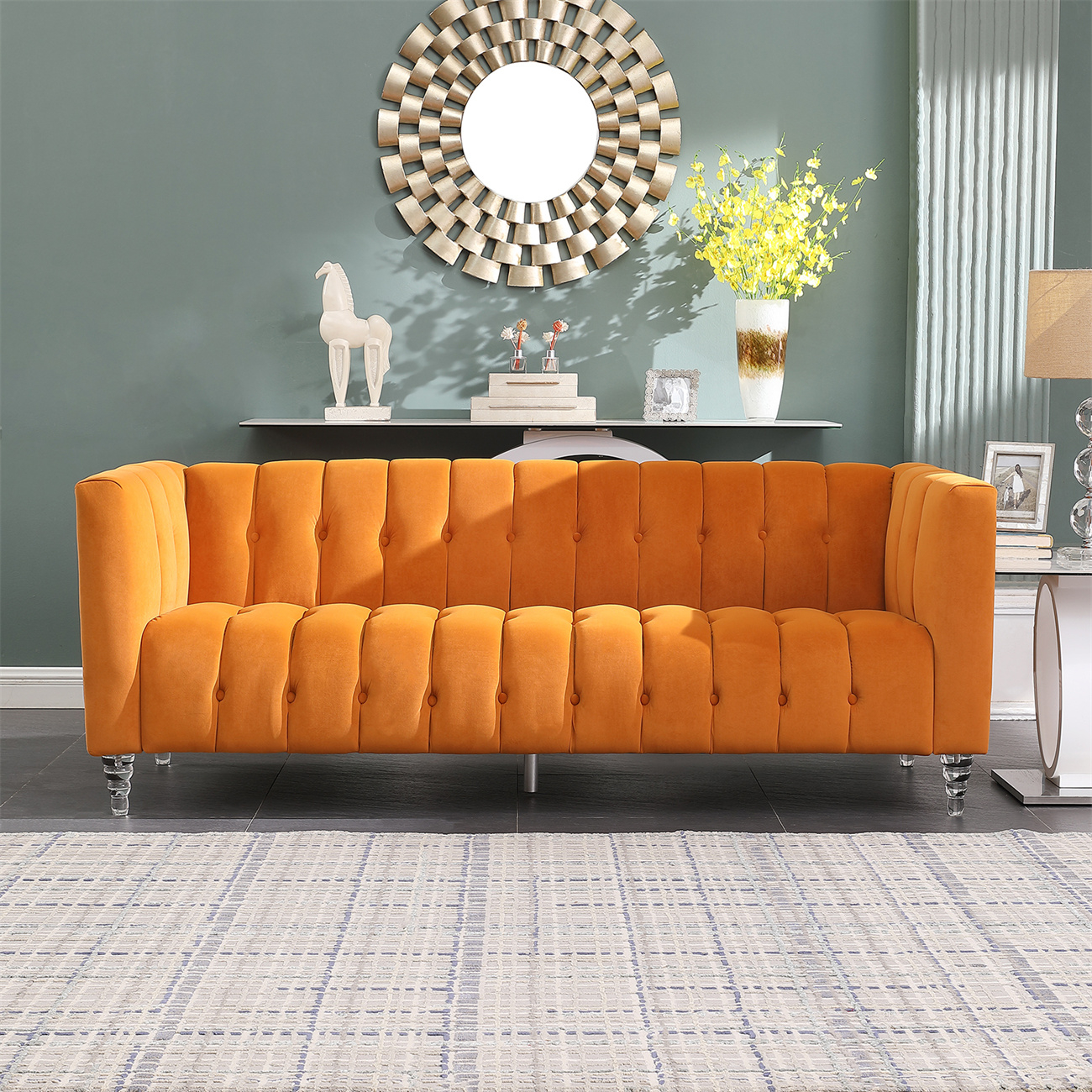 Velvet 3 Seater Sofa, Upholstered Accent Couch With Acrylic Legs And ... throughout