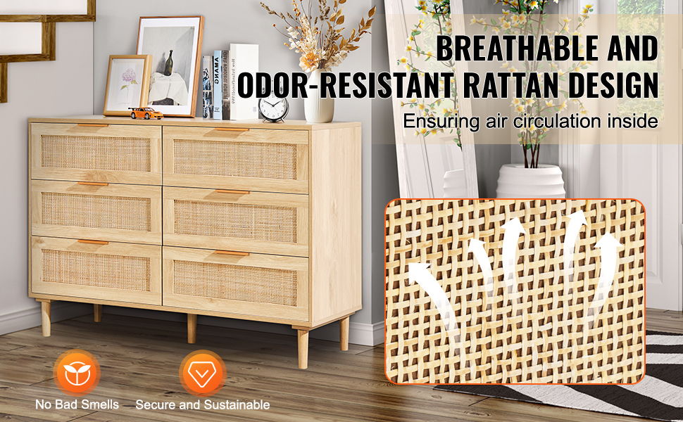 Vevor 6 Drawer Rattan Dresser, Boho Dresser, Rattan Chest Of Drawers ... throughout Elevate Your Bedroom Storage with the Assembled Honey Cane Dresser