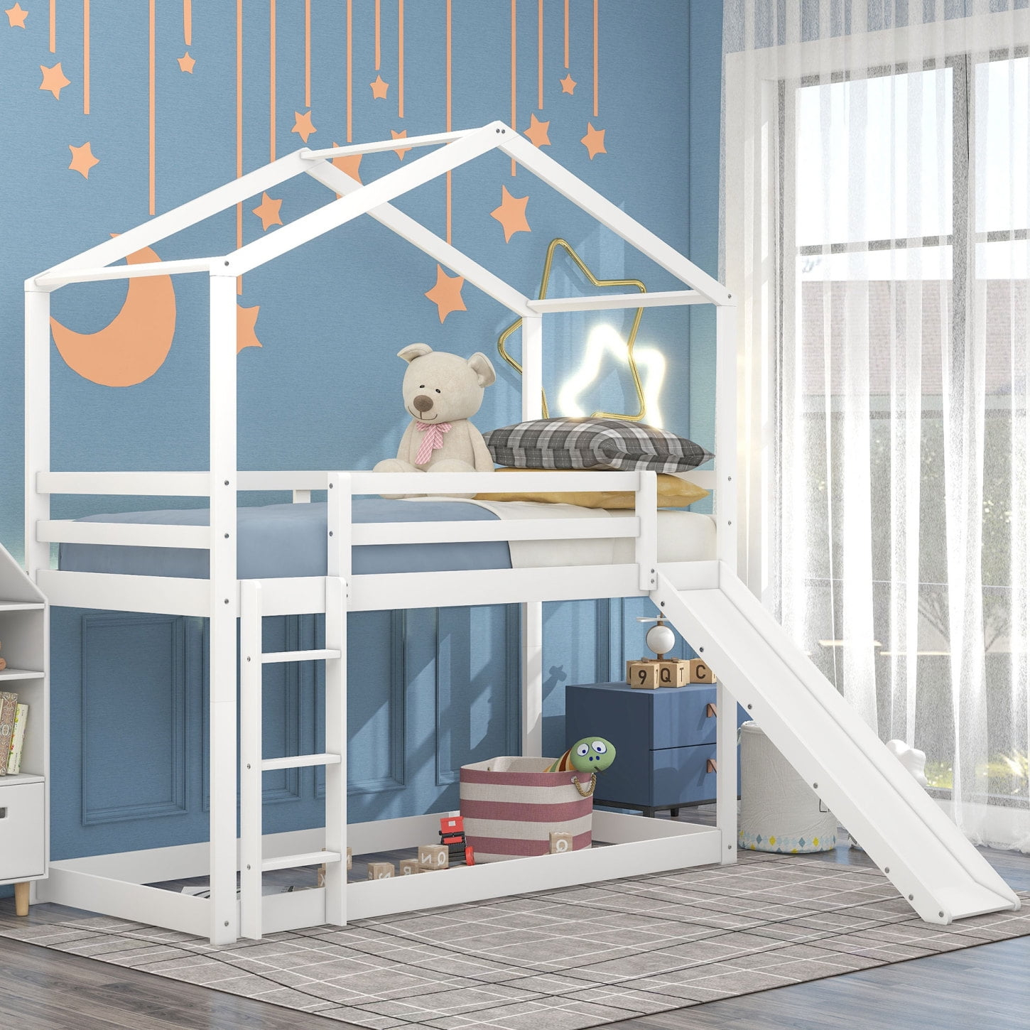 White Twin Over Twin Bunk Bed With Roof, Slide, And Ladder, Playhouse ... with