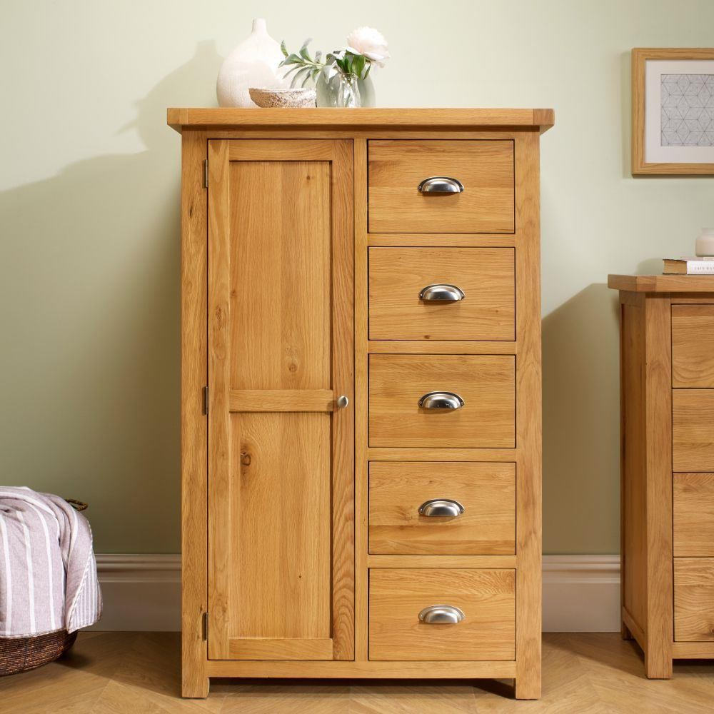 Woburn Oak Wooden 1 Door 5 Drawer Wardrobe with