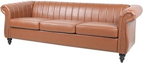 84" 3 Seater Sofa Modern Faux Leather Couch Rolled Armrest And Nailhead ... pertaining to 84" Genuine Leather Sofa With Carved Solid Wood Legs, Camel