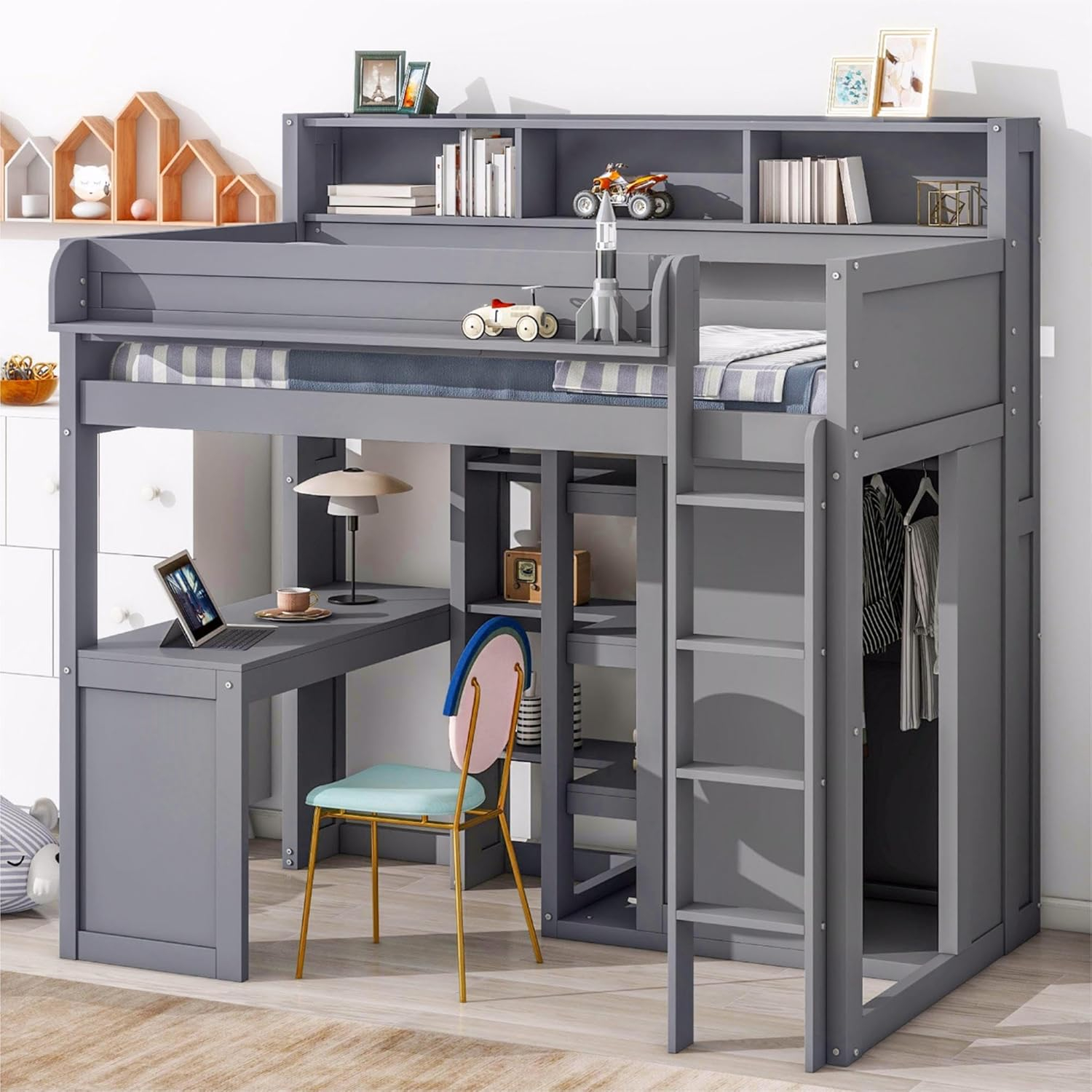 Amazon.com: Bekeknlny Modern Twin Size Loft Bed With Built-In Desk,Wood ... regarding Ragna Twin Loft Bed W/Desk & Wardrobe