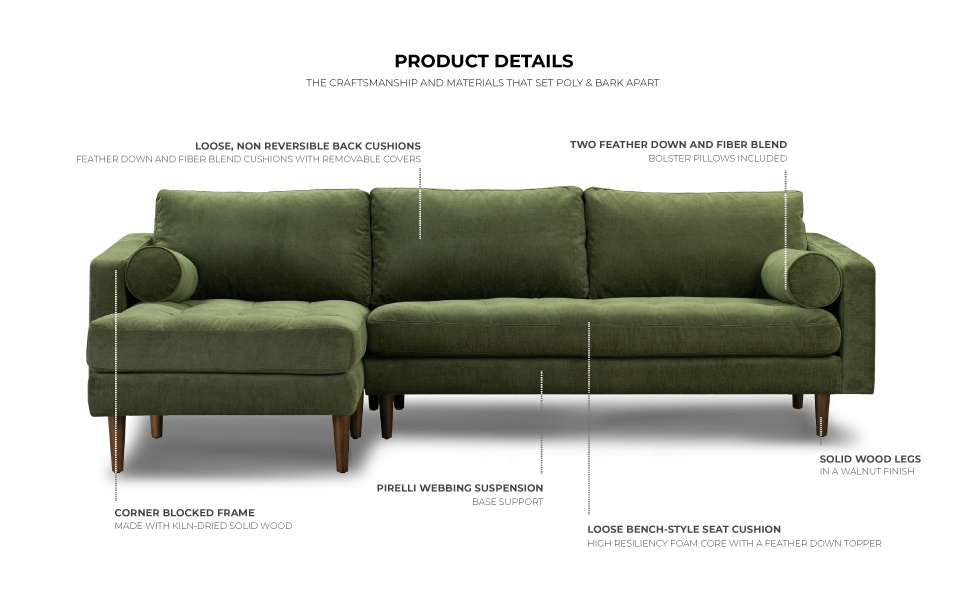 Amazon.com: Poly & Bark Napa Left-Facing Sectional Sofa, Distressed ... throughout Poly And Bark Lea Sofa, Distressed Green Velvet