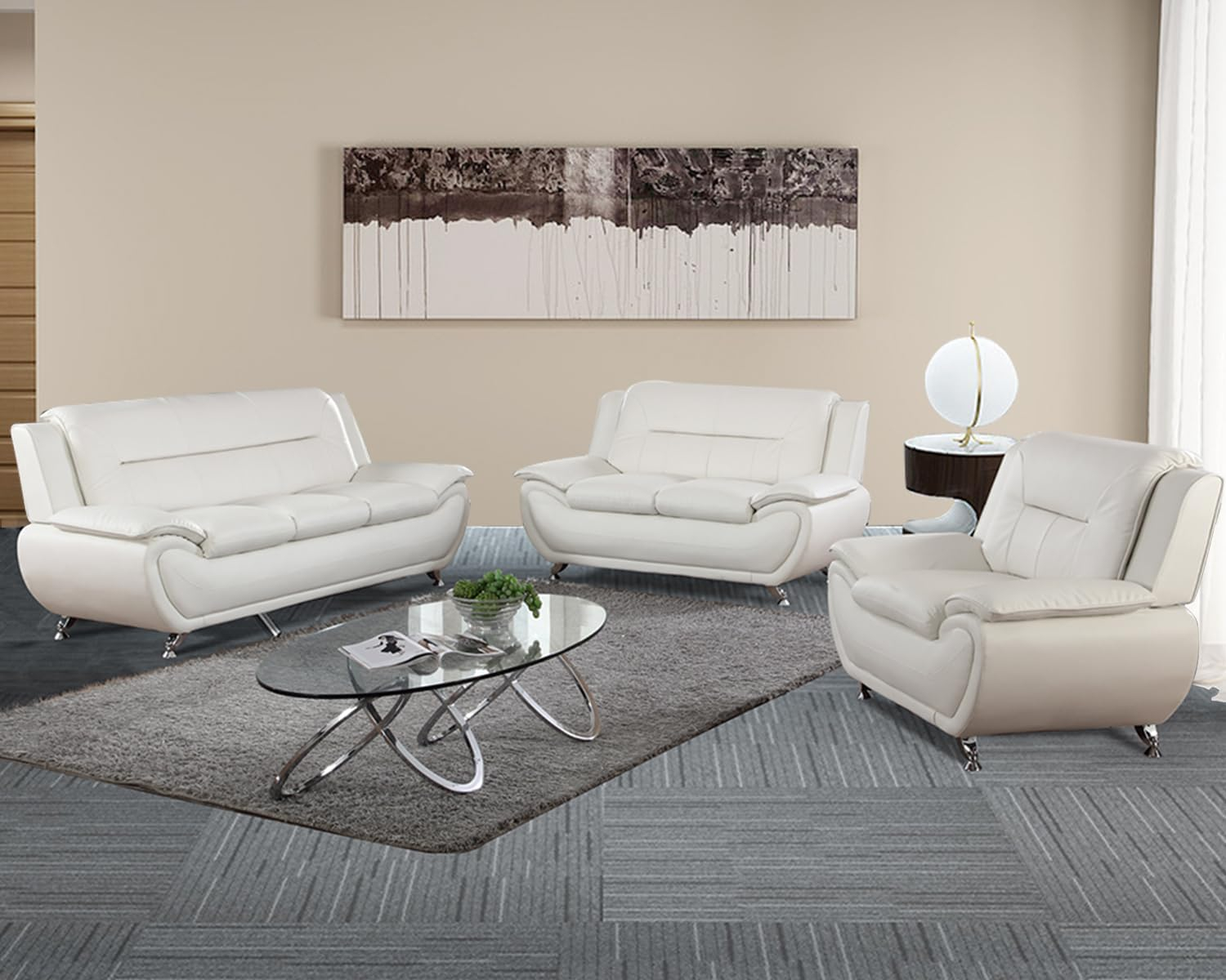 Amazon.com: Zuri Modern Aspen White Microfiber Leather Sofa Set With ... within Insights into the Craftsmanship of the Modern Aspen Black Microfiber Leather Sofa