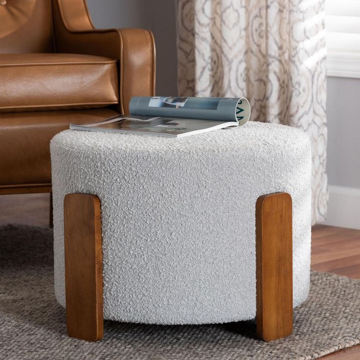 Baxton Studio Finlay Modern Japandi Light Grey Boucle Fabric And Walnut ... with Walnut Brown Finished Wood Ottoman Footstool