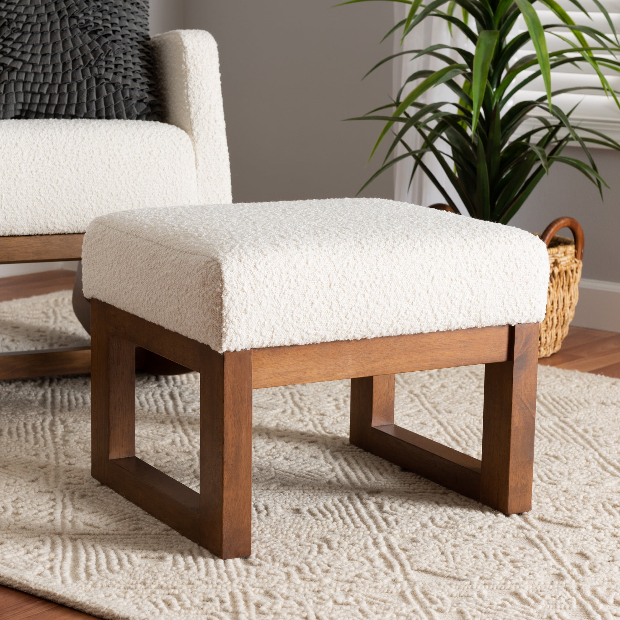 Baxton Studio Yashiya Mid-Century Modern Off-White Boucle Upholstered ... with regard to Why a Walnut Brown Ottoman Footstool is a Timeless Home Addition