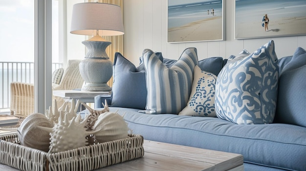 Beach Blue Cushion And Sofa Of Coastal Home Coastal Interior Generative ... within Coastal Blue Linen Sofa For Beach House