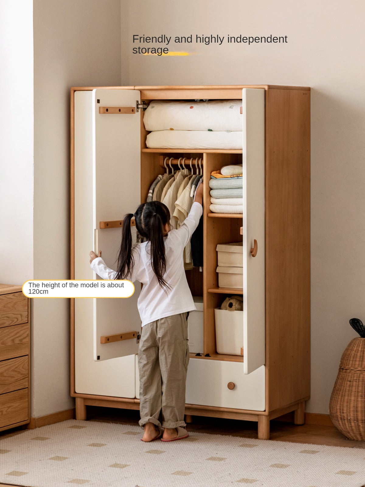 Beech Solid Wood Kids Wardrobe with Beech Solid Wood Kid's Wardrobe, White, 70.9X24X78.7", Sliding Door