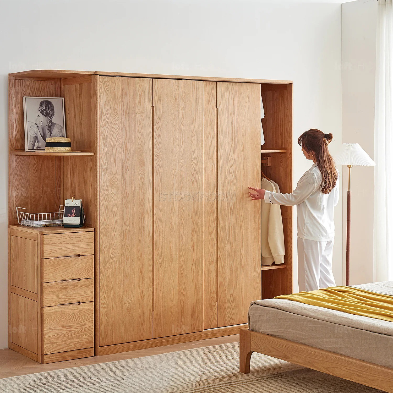 Belle Scandinavian Solid Oak Sliding Door Wardrobe / Cabinet within Oak Solid Wood Wardrobe Bookcase, Natural Wood Color / Feetless High Wardrobe