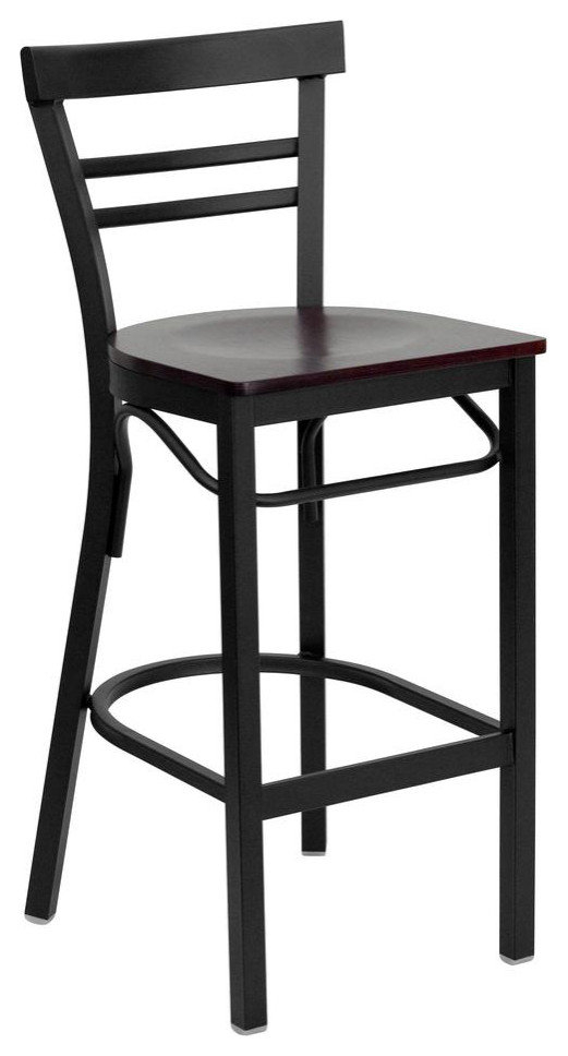 Black Two-Slat Ladder Back Metal Restaurant Barstool - Mahogany Wood ... intended for Craftsmanship and Comfort The Mahogany Wood Seat Barstool