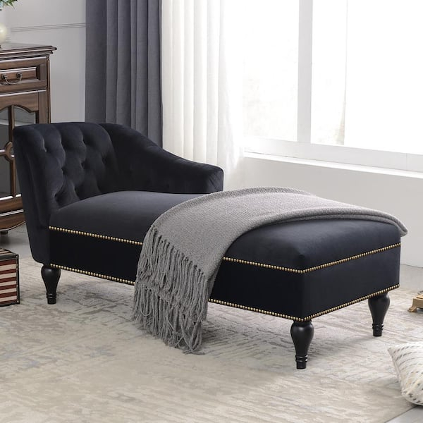 Black Velvet Chaise Lounge Indoor Tufted Fabric Modern Upholstered ... regarding Shelly Velvet Upholstered Chaise, Black