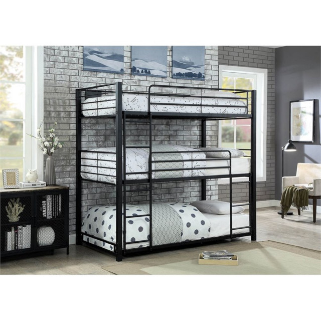 Bowery Hill Modern Steel Metal Twin Triple Bunk Bed In Sand Black ... with Bowery Hill Modern Metal Twin Over Workstation Bunk Bed In Black