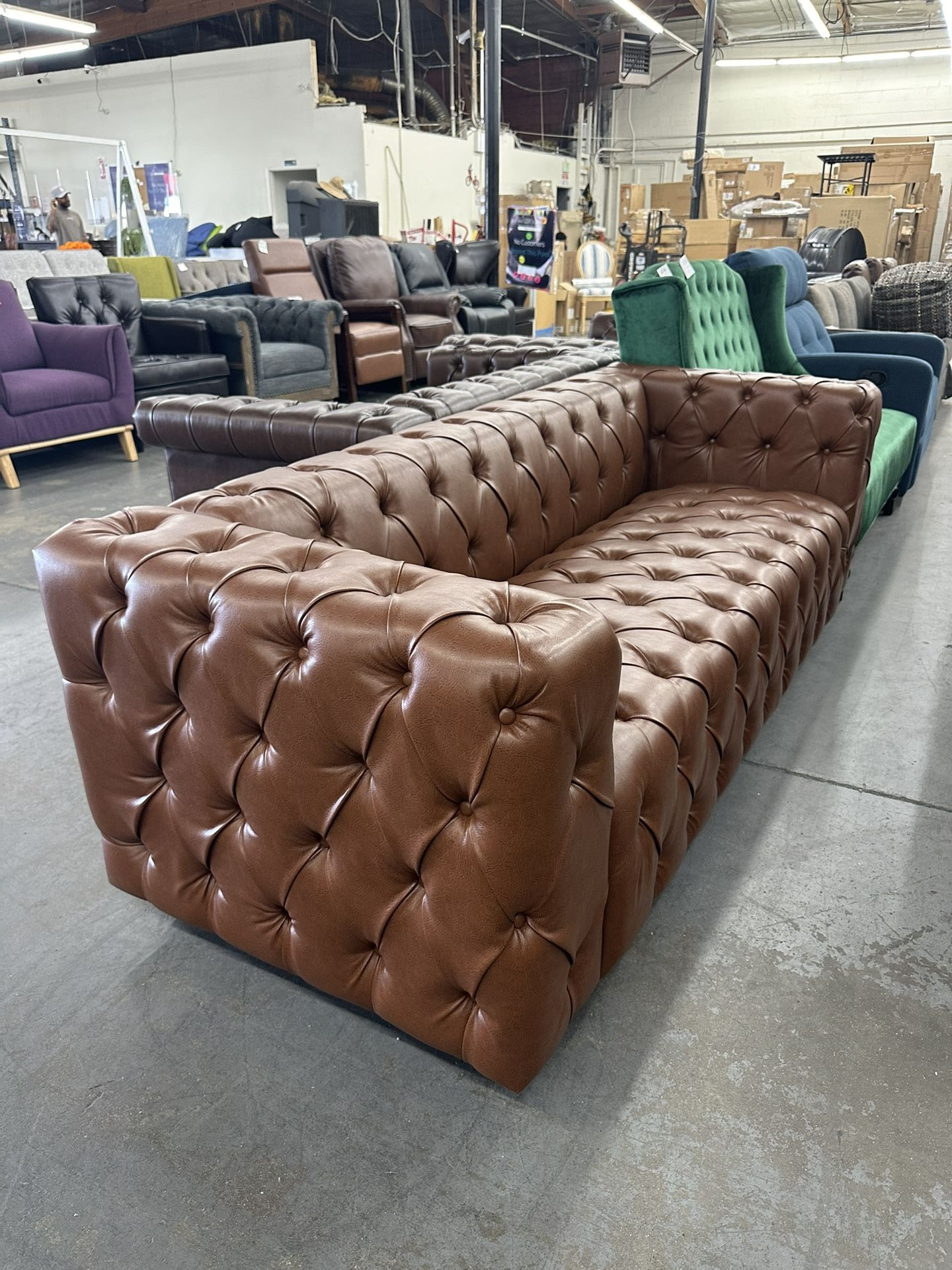 Brand New Gdf Studio Marengo Contemporary Tufted 3 Seater Sofa, Cognac Brown Faux Leather And ... inside Marengo Contemporary Tufted 3 Seater Sofa, Midnight + Espresso, Faux Leather
