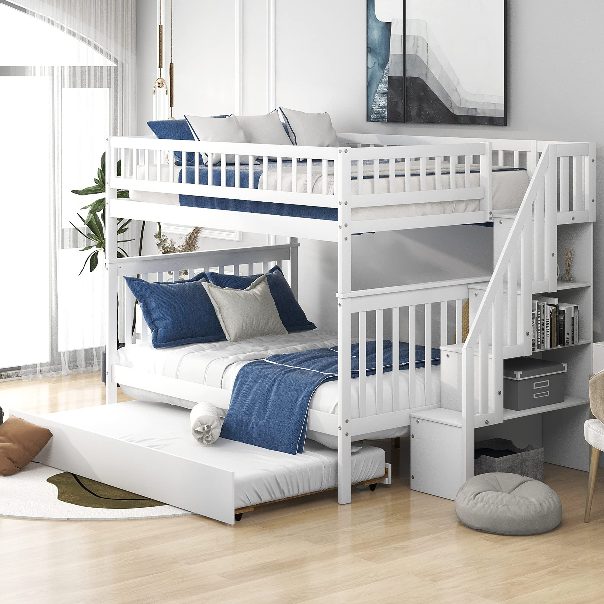 Buy Stackable Full Over Full Bunk Bed With Twin Trundle And Stairway, Wood Full Over Storage ... with Transforming Sleepovers The Versatility of the Gewnee Wood Bunk Bed