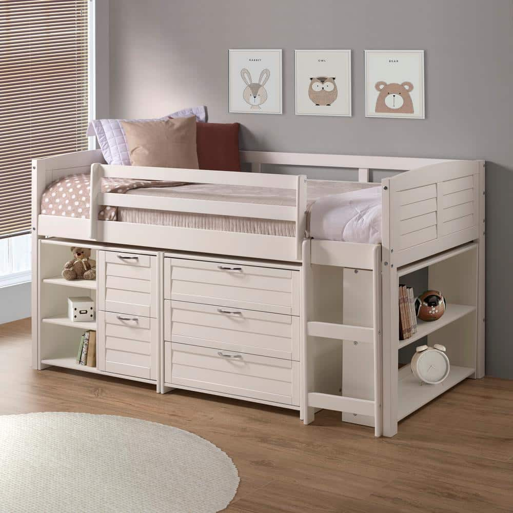 Buy White Twin Louver Low Loft Bed With 3 And 2-Drawer Chests And ... throughout Louver Low Loft 3 Drawer Chest White