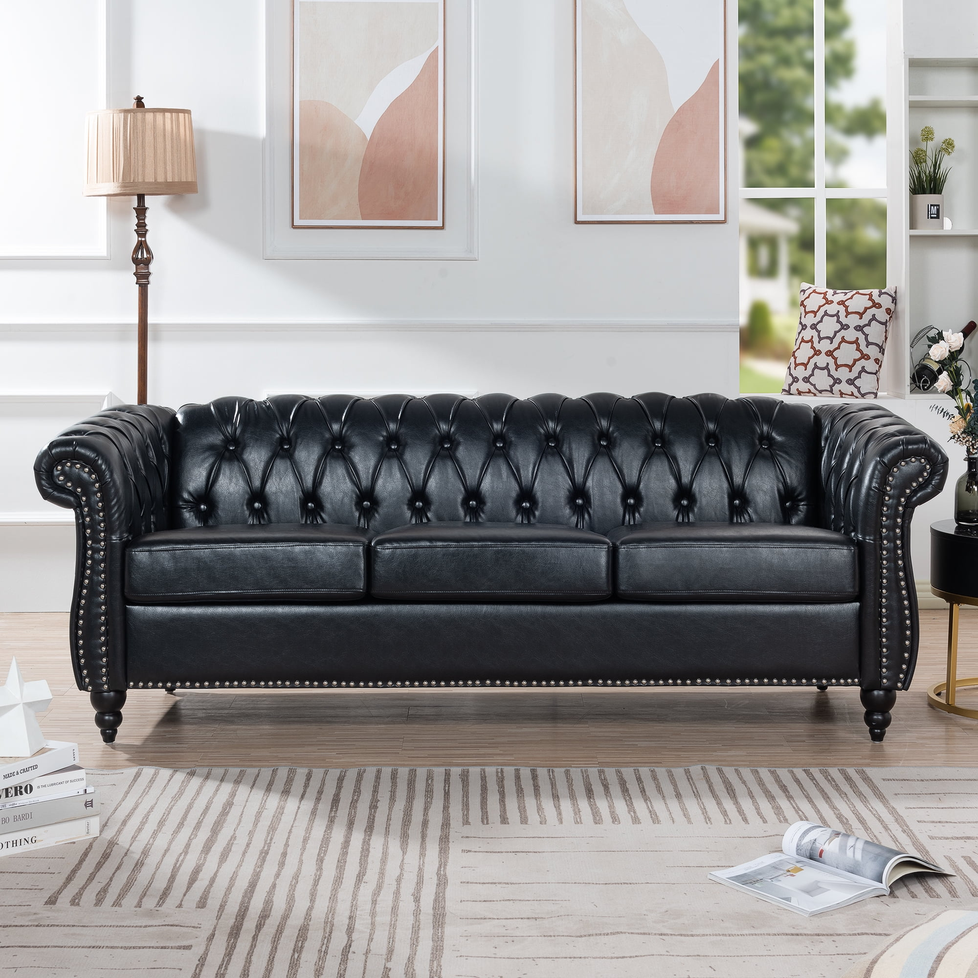 Chesterfield Faux Leather Sofa, 3 Seater Upholstered Tufted Couch With ... regarding Tufted Chesterfield Sofa With Rolled Arms
