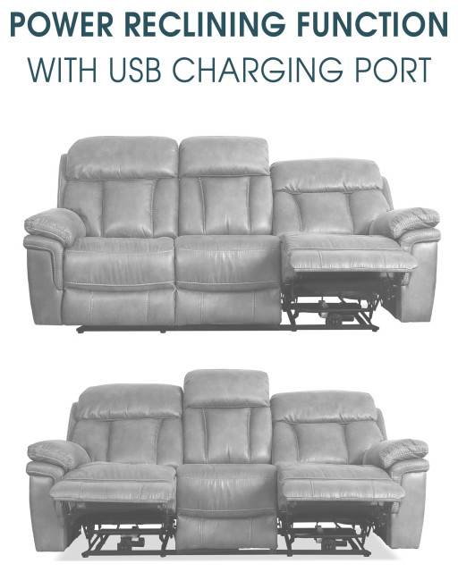 Claude Dual Power Reclining Sofa, Light Gray Genuine Leather ... for Claude Dual Power Reclining Sofa, Light Gray Genuine Leather