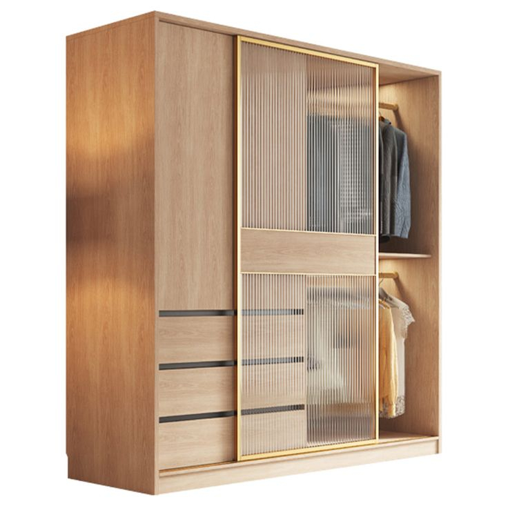 Contemporary Glass Sliding Doors Wardrobe Natural Wood Wardrobe With ... throughout Beyond Aesthetics Choosing the Right Wardrobe for Your Child's Room