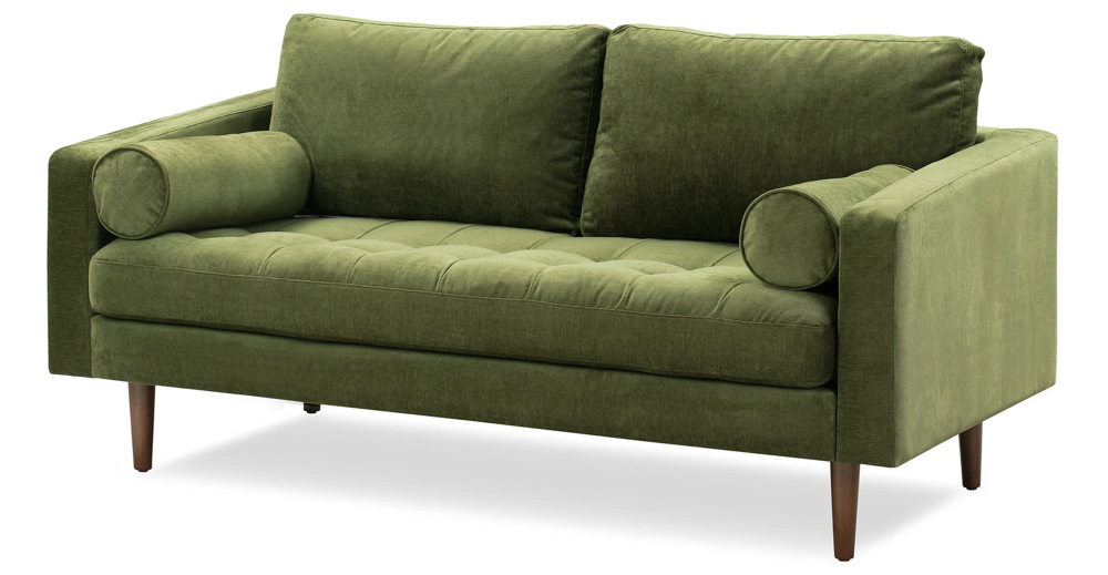 Distressed Green Velvet Napa Walnut Finish Apartment Sofa | Poly & Bark ... inside Understanding the Unique Charm of Poly and Bark Lea Sofas in Distressed Green Velvet