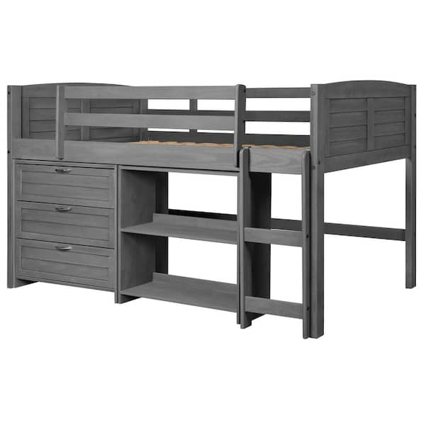 Donco Kids Antique Grey Twin Louver Low Loft Bed With 3-Drawer Chest ... pertaining to Why a Low Loft Bed with a Slide is the Ultimate Kids' Room Upgrade